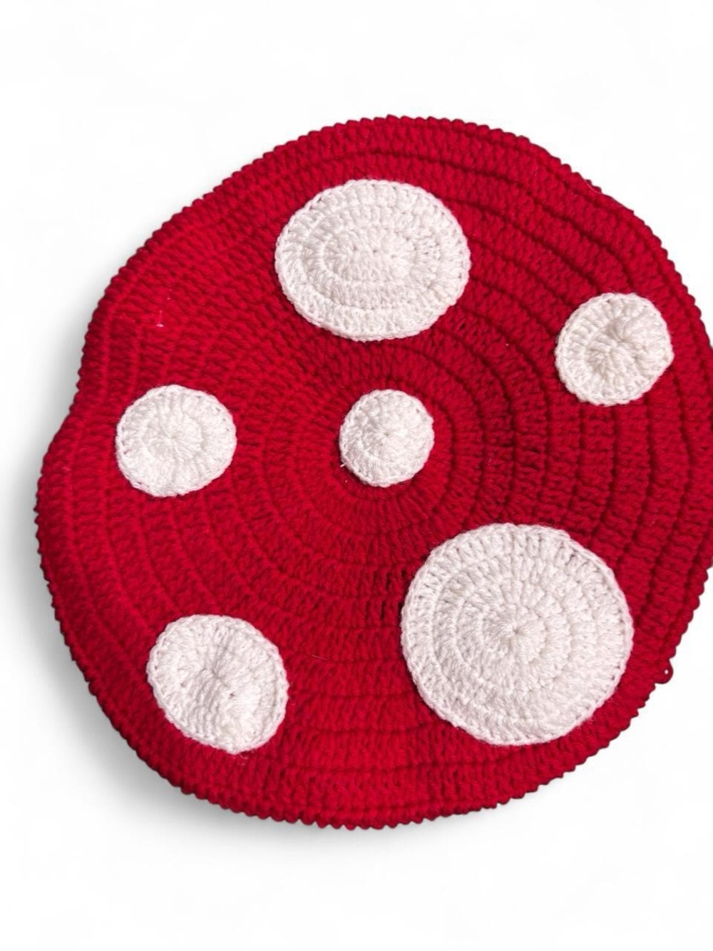 Handmade Red Crochet hat with White Polka Dots